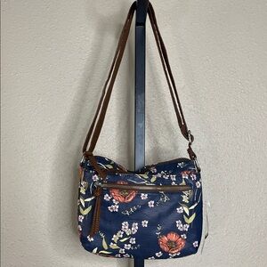 Bueno Floral Crossbody Bag Navy & Brown Soft Faux Leather  NWT